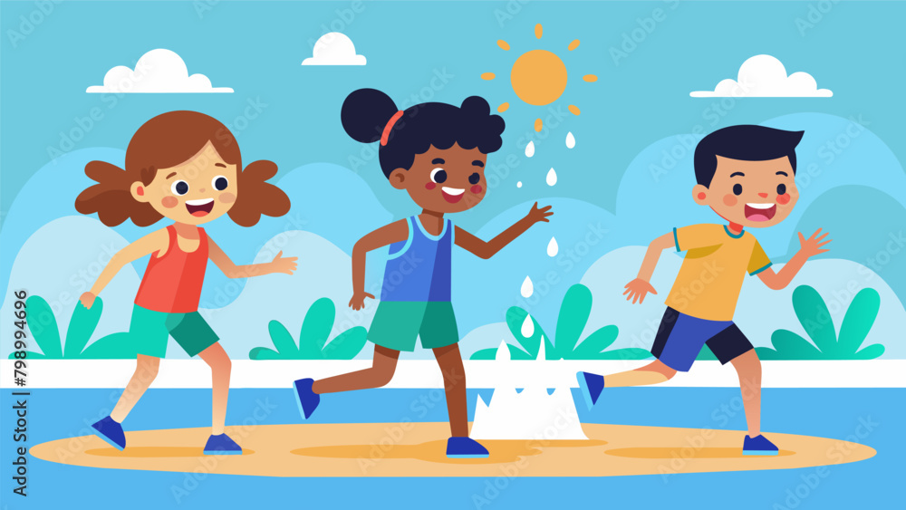 Poster children squeal with delight as they run through the interactive splash pads set up along the shorel