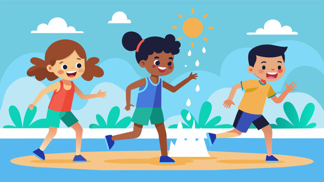 Children squeal with delight as they run through the interactive splash pads set up along the shoreline trying to escape the playful jets of water.. Vector illustration