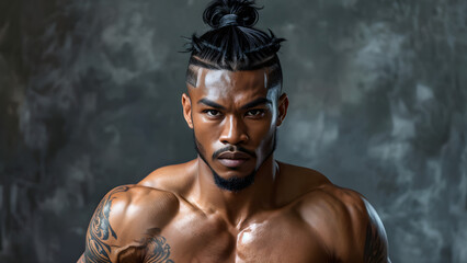 Obraz premium Elevated Style Pompadour for Black Muay Thai Athlete, High Rise Hairstyle of Fighter, Refined Pompadour Fighter's Signature Style