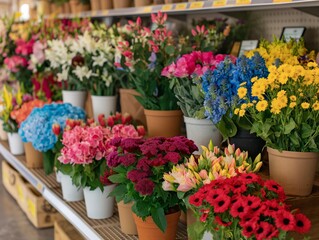 A row of potted plants with a variety of colors and sizes. The plants are arranged on a shelf in a store, with some of them placed in the foreground and others in the background