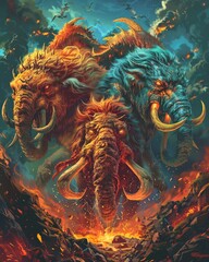 Create a striking image of frontal view monsters and mammoths standing together in the middle of raging flames