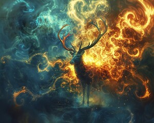 Create a surreal scene with a Megaloceros standing stoically amidst swirling flames and intricate tentacles Enhance the dramatic contrast with vibrant colors and dynamic lighting effects