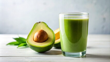 A glass of avocado juice, positioned on the right side of a bright, white background. Focus on the purity and simplicity of the image, highlighting the vibrant color of the juice.