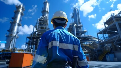 Industrial electric engineer at oil refinery with power supply equipment. Concept Oil Refinery Operations, Power Supply Systems, Industrial Electrical Engineering - obrazy, fototapety, plakaty