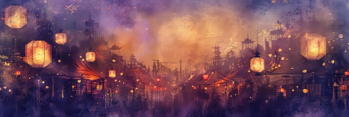 A mystical evening scene of a lantern festival, captured in rich watercolor tones for cultural themes.