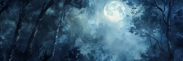A tranquil moonlit forest scene painted in watercolor, ideal for serene night-time backgrounds.