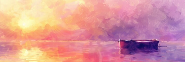 A dreamlike watercolor scene with a boat under a radiant sunset, ideal for peaceful and reflective themes.