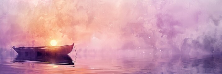 A dreamlike watercolor scene with a boat under a radiant sunset, ideal for peaceful and reflective themes.