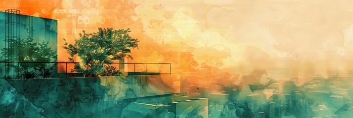 Abstract digital artwork of an urban balcony garden blending with warm, vibrant hues, ideal for concepts on urban green spaces and design with copy space.