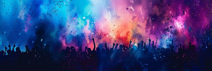 A high-energy concert crowd in vibrant colors, capturing the excitement and motion of live music, with generous copy space for event promotions.