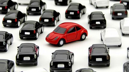 A red toy car is placed in front of a row of other toy cars