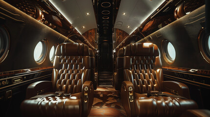 interior of luxury private jet with leather seats