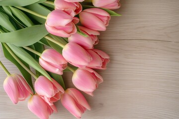 A bouquet of pink tulips is arranged on a wooden table