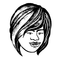 African American Woman. Asymmetrical long cut. Round short bob with side swept bangs. Hand drawn vector illustration