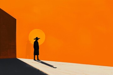 Silhouette Against Orange Wall and Circular Sun
