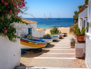 A row of small boats are parked on a beach near a white house. The boats are of various sizes and colors, and they are lined up along a path. The scene has a peaceful and relaxing mood, with the boats