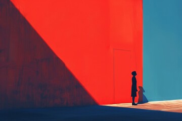 Silhouette at Red and Blue Architectural Intersection
