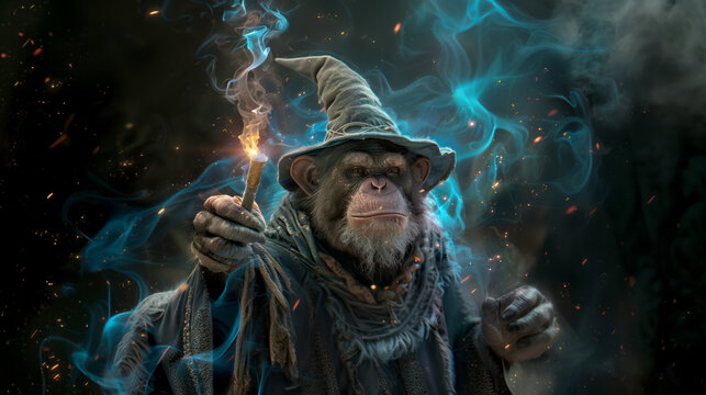 A mischievous monkey wearing a wizard hat and holding a wizard's wand