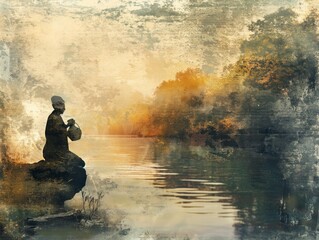 A man sits on a rock by a river, holding a jug. The scene is serene and peaceful, with the man's presence adding a sense of calmness to the image
