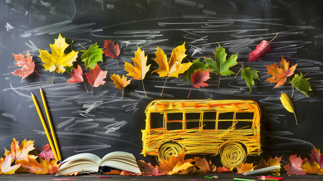 Autumn leaves on chalkboard with school bus drawing