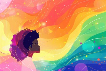 Silhouette Profile with Radiant Rainbow Waves. Evocative digital portrait shows a silhouette profile against a backdrop of luminous rainbow waves and bokeh effects, symbolizing diversity and vibrancy