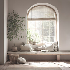 A serene indoor setting featuring a comfortable bench and potted plant near a large window