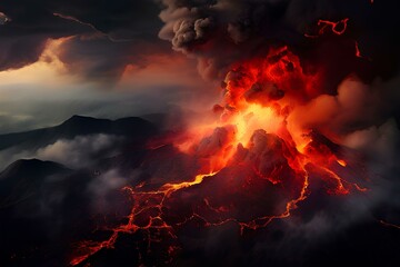 Volcanic eruption aerial view with smoke and lava explosion.