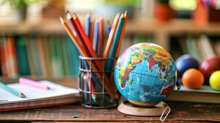 Desk with School Supplies Featuring Globe Symbol of Global Education