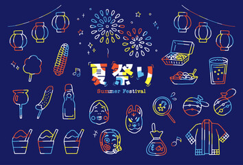 レトロポップな日本のお祭りの線画ベクターイラスト／夏祭り・縁日