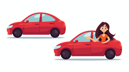 Long haired brunette woman driving red sedan car. F - obrazy, fototapety, plakaty