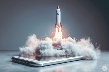 A creative depiction of a space rocket launching from a mobile device, surrounded by smoke, symbolizing application optimization and successful startup concepts.