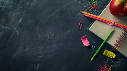 Fresh apples with colorful school supplies on a blackboard
