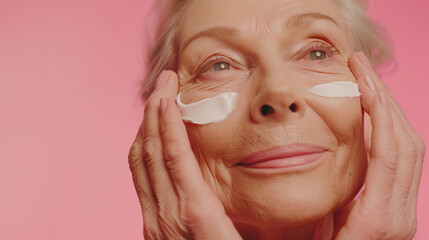 Middle-aged woman applying cosmetics to her face, close-up. Cosmetics advertisement photo. Cosmetics photo, beauty industry advertising photo. Mother's Day.