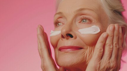 Middle-aged woman applying cosmetics to her face, close-up. Cosmetics advertisement photo. Cosmetics photo, beauty industry advertising photo. Mother's Day.