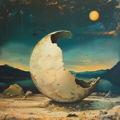 A huge broken egg resembles a dinosaur egg and also the moon or a planet.
The chicken and egg irony...