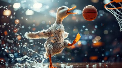Animated Duck Character Playing Basketball in an Indoor Sports Arena - obrazy, fototapety, plakaty