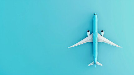 Airplane top view centered over solid blue background. Simplistic and clean design symbolizing travel and technology - obrazy, fototapety, plakaty