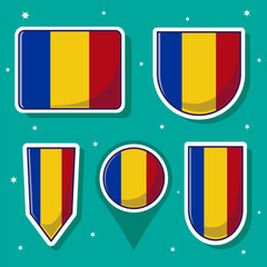Fototapeta premium Flat cartoon vector illustration of Romania national flag with many shapes inside