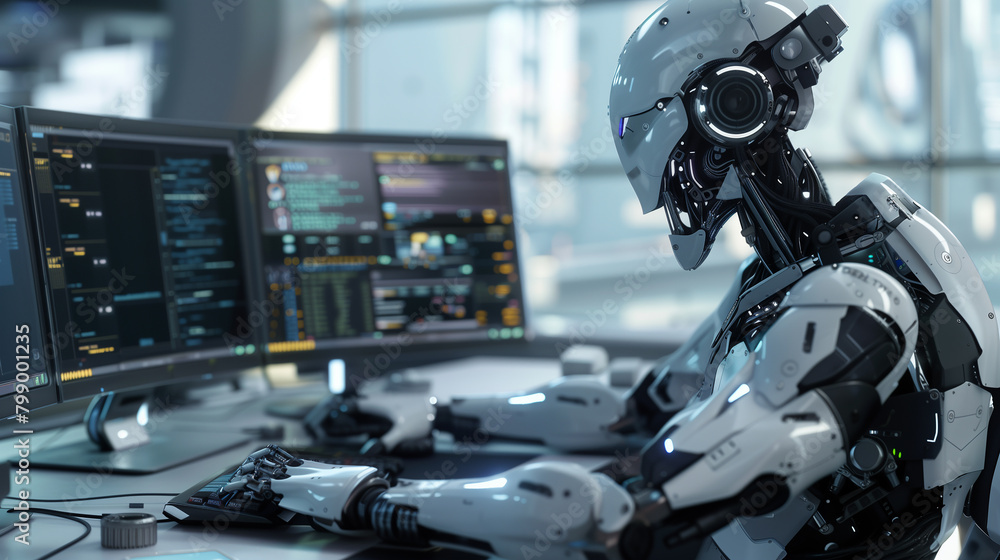 Poster futuristic robot working at a computer in an office setting.