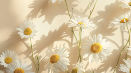 aesthetic white diary flowers on silk background with sunlight and shadows, aesthetic floral wallpaper with copy space