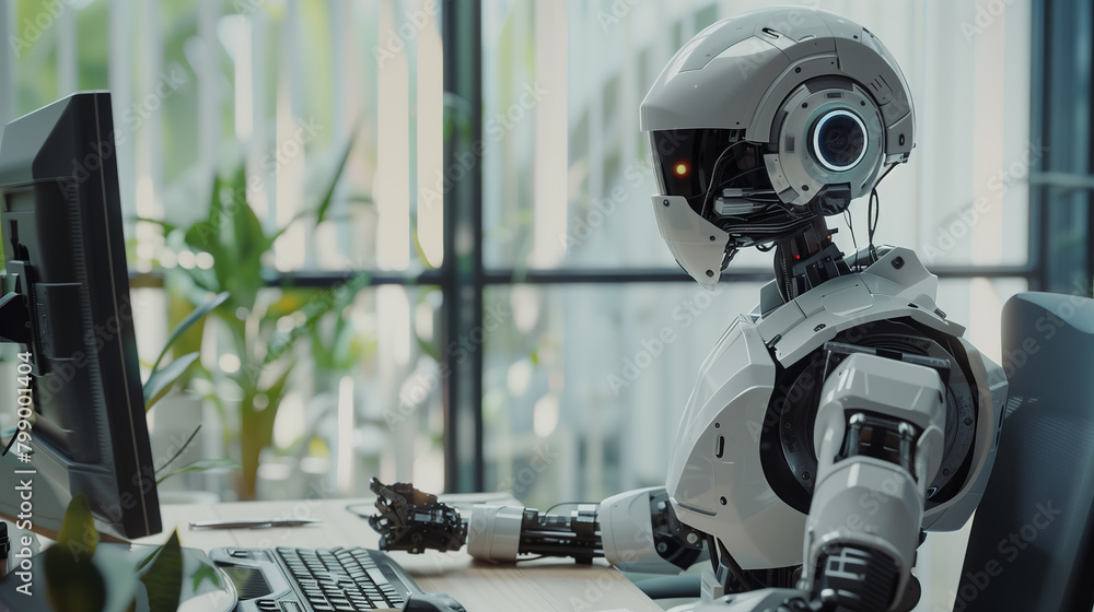 Poster futuristic robot working at a computer in an office setting.
