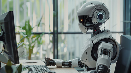 Futuristic robot working at a computer in an office setting.