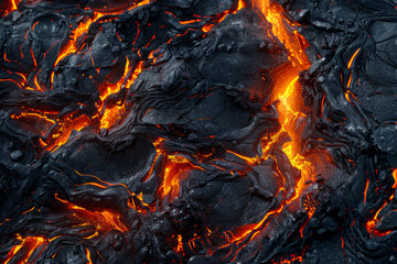 Textured surface of molten lava, featuring glowing orange hues and flowing streams. Molten lava textures offer a dramatic and intense backdrop