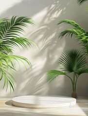 Podium mockup, tropical tree leaf background, 3d render