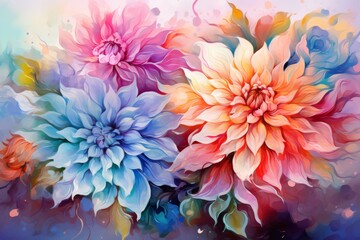 A watercolor painting of pink, yellow and blue flowers.