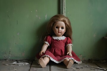 Fototapeta premium Old and decaying doll in an abandoned house