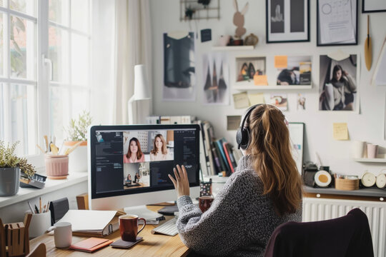 Young woman with headphones participating in a video conference remotely from her room, talking to her team and using hand gestures.