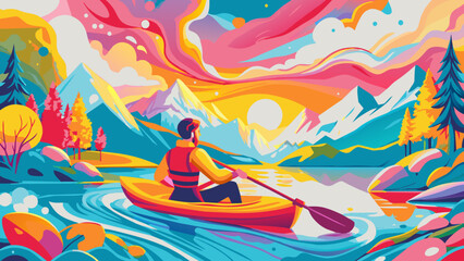 Person kayaking in mountain lake at sunset. Colorful vector illustration of scenic nature landscape. Outdoor adventure and water sports concept for poster, banner. Vibrant design with stylized sunset 