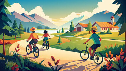 Group of people biking on rural path with mountain and lake scenery. Vector illustration of cycling adventure. Outdoor activity and healthy lifestyle concept for poster, banner. 