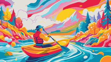 Vibrant Kayaker on a Colorful River Adventure in Picturesque Landscape. Colorful vector illustration of scenic nature landscape. Outdoor adventure and water sports concept for poster, banner.